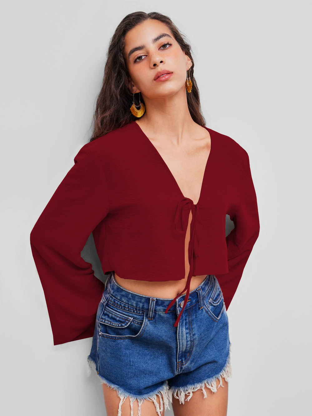 ZARA Sexy V-Neck Spring Summer Chest Tie Wine Red Unique Cardigan